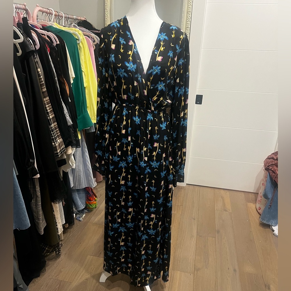 Black Floral V-Neck Long Sleeve Maxi Dress in Blue and Yellow